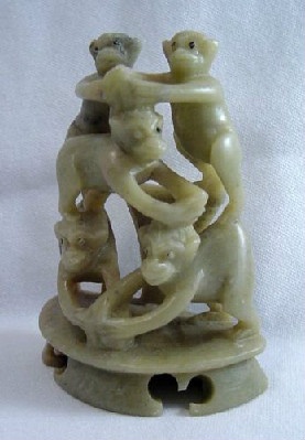 Chinese Hand Carved Soapstone 5 Stacked Monkeys Playful Pyramid