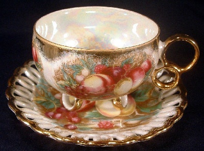Royal Sealy Pearlized Fruit Motif 3 Toed Cup & Saucer