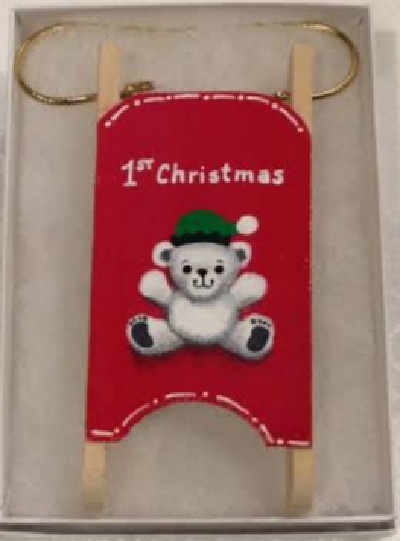 White Bear 1st Christmas Wooden Sled Ornament