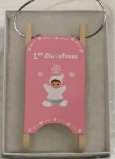 1st Christmas Pink Wooden Sled Ornament