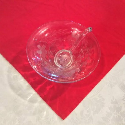 Vintage Wheel Cut Clear Glass Floral Pattern Condiment / Sauce Bowl With Ladle