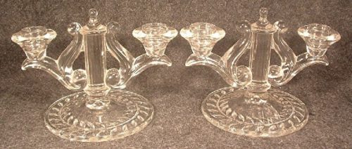 Pair Of Indiana Glass Laurel Double Candlesticks