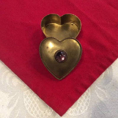 Brass Heart Shaped Snuff Box w/ Inset Cabochon