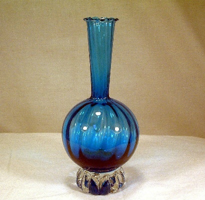 Vintage Murano Venetian Art Glass Blue Rib Optic Pattern Bud Vase with Crystal Glass Applied Base