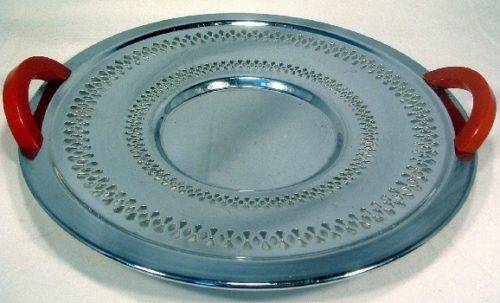 Mid Century (50s) Modern Reticulated Continental Chrome Red Bakelite Handled Tray