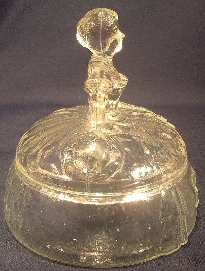 Crinoline Girl Clear Glass Figural Lidded Powder Jar / Trinket Box