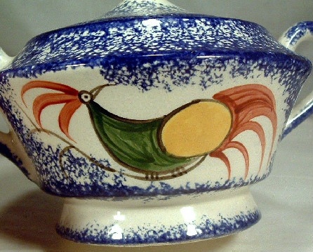 Blue Spatterware - Hand Painted - Peafowl Decorated Sugar & Creamer