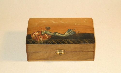 Cigar Box w/ Painted Top - Reclining Woman Using Long Cigarette Holder