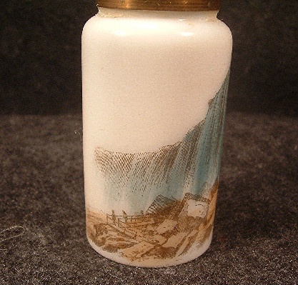 White Milk Glass - Miniature Kerosene Oil Lamp w/ Niagara Falls Scene