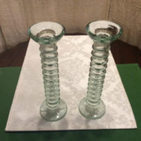 Ribbed - Light Green Glass Candlesticks - Vintage Pair