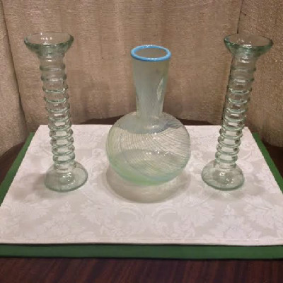 Ribbed - Light Green Glass Candlesticks - Vintage Pair - WITH Dansk - Blue & Green Spiral / Swirl Design Vase