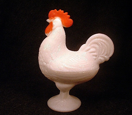 Standing Rooster Candy Dish - White Milk Glass - Westmoreland Glass Company