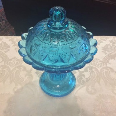 Blue Glass - Dewdrop & Lace Pattern - Tall Lidded Candy Dish