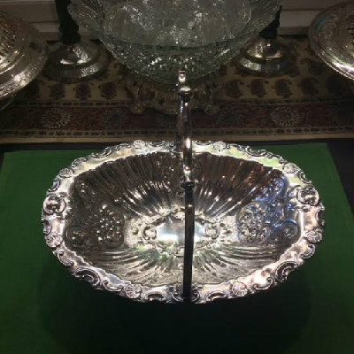 Gorgeous - Antique - Repousse - Silver Plate Pedestal Oval Handled Basket