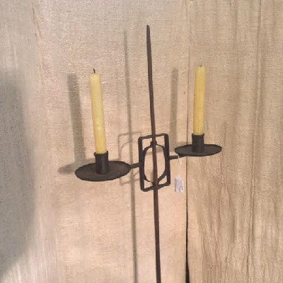 18th c. - Candlestand - Wrought Iron Floor Style w/ Penny Feet - Adjustable Double Candle Sockets