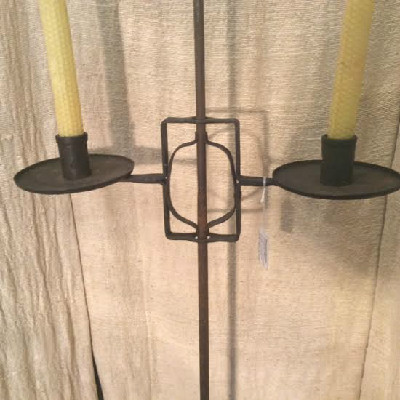 18th c. - Candlestand - Wrought Iron Floor Style w/ Penny Feet - Adjustable Double Candle Sockets