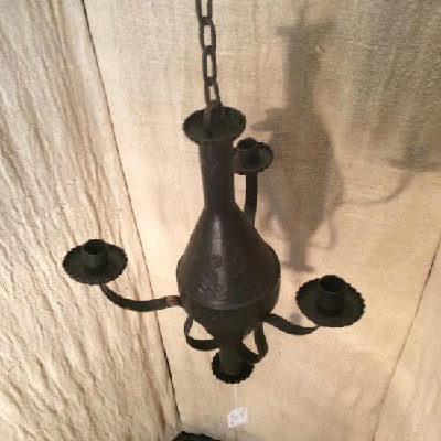 RARE 18th-19th c. - Tin Hanging Three Candle Chandelier In Old Paint - Great Early Form - Embossed Decoration