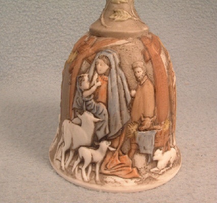 Fenton - Hand Painted Nativity Scene Bell - Artist Signed - White Satin Milk Glass - Vintage 1970s