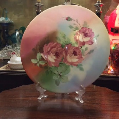 Victorian Hand Painted Roses - Hand Blown Bristol Glass - Plaque Plate Platter - Rough Pontil