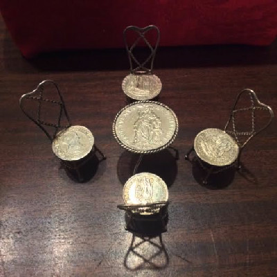 Silver Twisted Wire & Coins Miniature/Doll House Ice Cream Parlor Table & Chairs - 1794 Dutch Coin