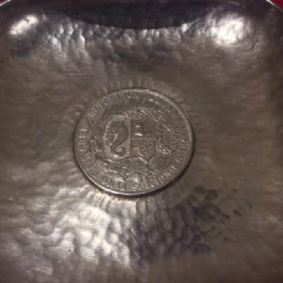 Sterling Hand Hammered Dish - Bowl w/ 1889 Peruvian 1 Sol Coin