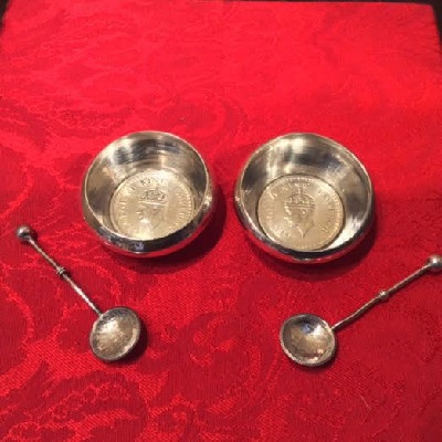 PAIR Silver Individual Salt Dishes w/ Spoons - 1944 & 1945 George VI King Emperor India One Rupee Coins