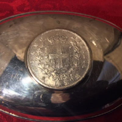 Silver Oval Dish w/ 1872 Italian 5 Lire - Vittorio Emanuele II Coin