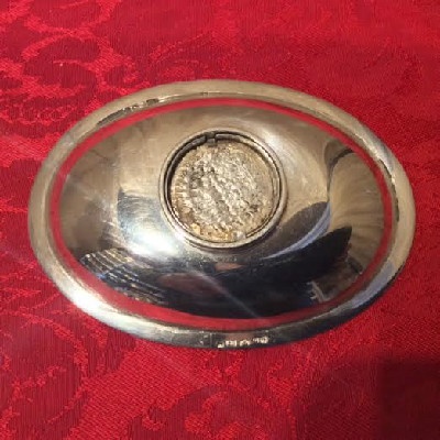 Silver Oval Dish w/ A Worn Silver Coin Of Emmanuel de Rohan-Polduc From Malta - 1700s