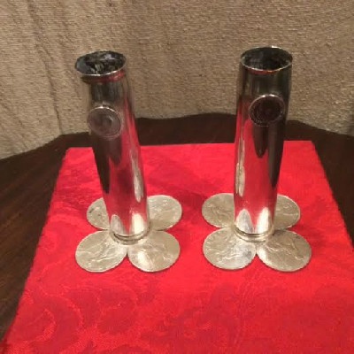 PAIR Silver Candlesticks / Flower Vases w/ Great Britain George V One Penny & Half Penny Coins