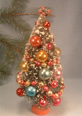 Bottle Brush Christmas Tree - 1950s Flocked Decorated 10 Inches Tall - Vintage Christmas