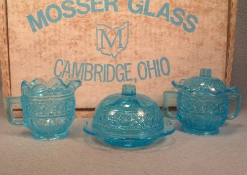 Mosser Sapphire Blue Glass Child's Creamer, Sugar, Butter Dish Set - Vintage Mint In The Box!