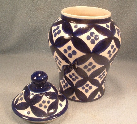 Talavera Mexican Pottery Lidded Jar / Vase - Hand Painted Blue & White - Vintage Monte Blancho