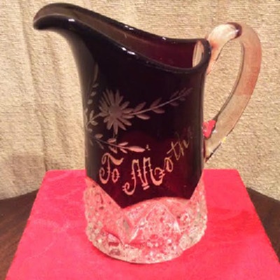 EAPG Button Arches - Ruby Stained - Wheel Cut Floral Pitcher - "To Mother" - ca. 1897