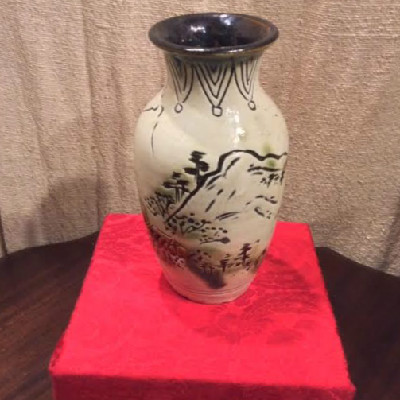 Antique Chinese Pottery Vase w/ Incised Mountain Scene - Signed On Bottom