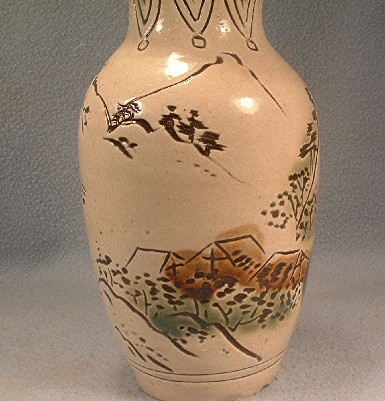 Antique Chinese Pottery Vase w/ Incised Mountain Scene - Signed On Bottom