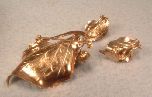 Amethyst Cabochons Brooch & Earrings Set - Vintage 1/20 12K Gold Filled Leaf