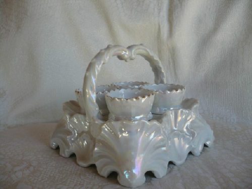 Iridescent Lustre Egg Cup Holder - Tray - Basket w/ 4 Egg cups -Downton Abbey Elegance Country Style