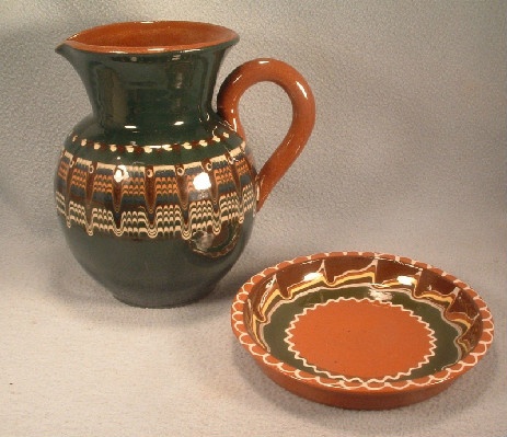 Pottery Pitcher & Underplate - Bulgarian Troyan Redware Pottery - Peacock's Eye Pattern - Vintage 1960s