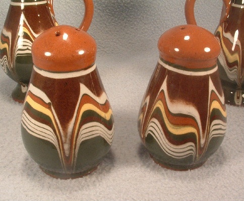 Pottery Salt & Pepper Shakers - Bulgarian Troyan Redware Pottery - Peacock's Eye Pattern - Vintage 1960s