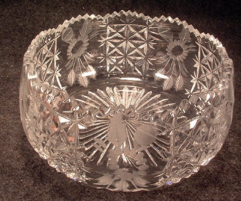 Cut Glass Bowl - Wheel Cut - Floral Pattern - American Brilliant Cut Glass - Vintage