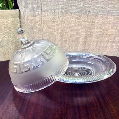 EAPG Roman Key Pattern Lidded Butter Dish - Clear & Frosted Glass - ca. 1860 - Union Glass Co.