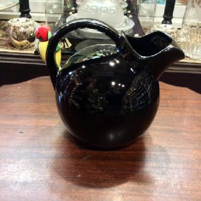 Round Black Beverage Pitcher w/ Colorful Parrot On The Handle