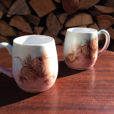 PAIR - Vintage German Bavarian Cider Mugs - Hot Chocolate Mugs - Mulled Wine Mugs - Hand Painted Pine Cone Decoration - Signed