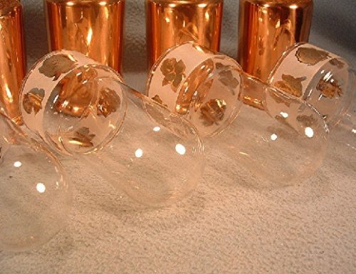 Modern Everlast Copper Tumblers - Rose Decoration Glass Inserts - Set of 4 - Vintage 1950s