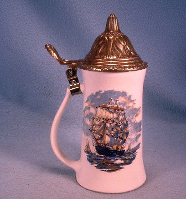 Tall Ship Scene Lidded Beer Stein - Vintage McCoy Art Pottery - "I must go down to the seas again"
