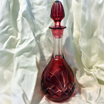 Glass Decanter - Cranberry Cut to Clear - Vintage Bohemian Czechoslovakian