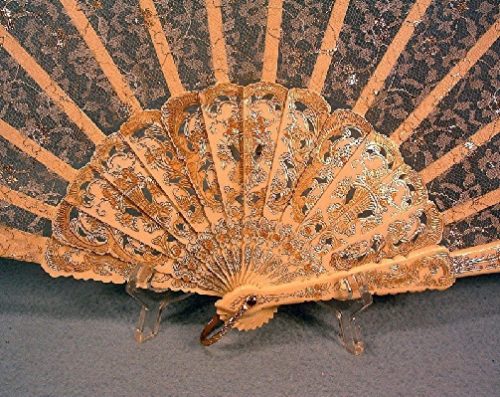 Hand Fan - Delightfully Delicate - Plastic / Lucite with Lace & Gold & Silver Decoration - Made In Spain