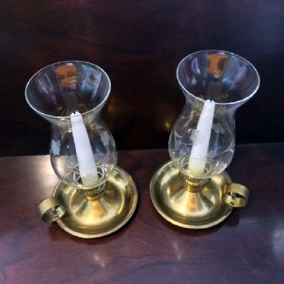 Brass - Jack Be Nimble Candle Holders w/ Etched Glass Hurricane Chimneys - Finger Candlesticks Marked "Chase USA"