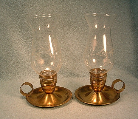 Brass - Jack Be Nimble Candle Holders w/ Etched Glass Hurricane Chimneys - Finger Candlesticks Marked "Chase USA"