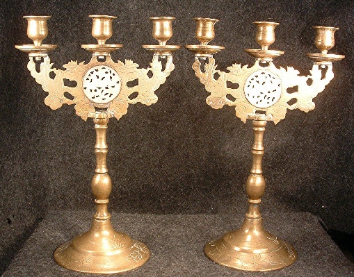 PAIR Chinese Etched/Engraved Brass Candelabra with Carved Jade Medallion Inserts